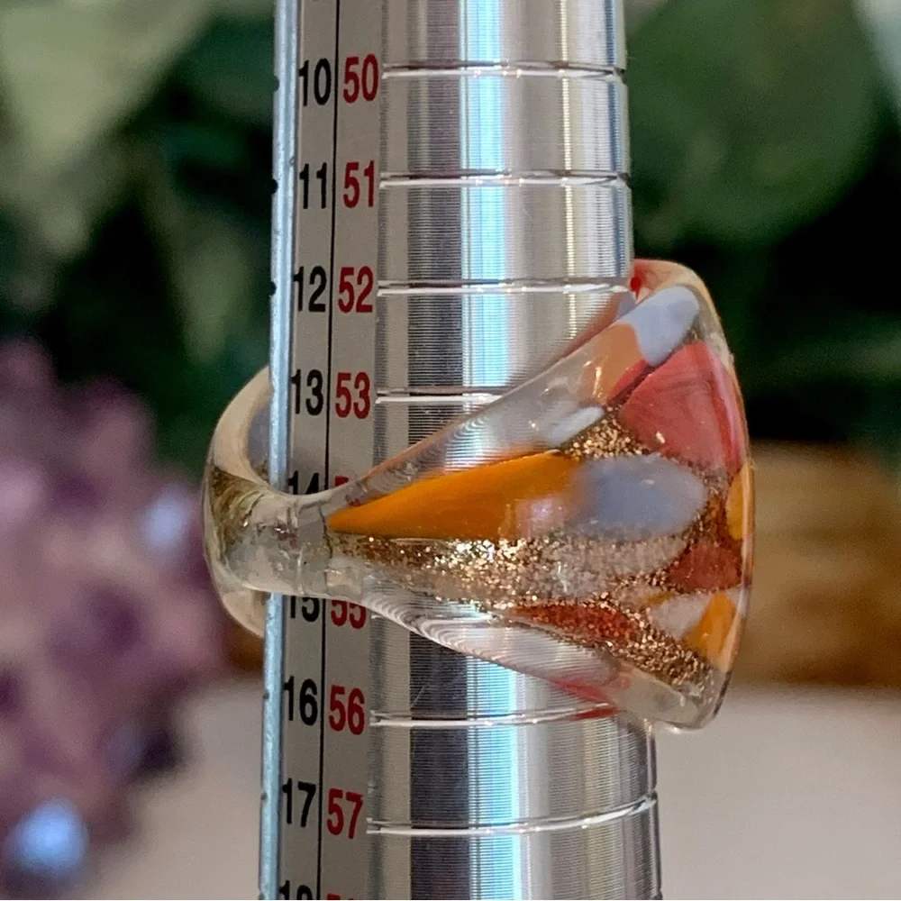 Vintage Murano Style Art Glass Hand Blown Lampwork Confetti Dome Ring Size 7